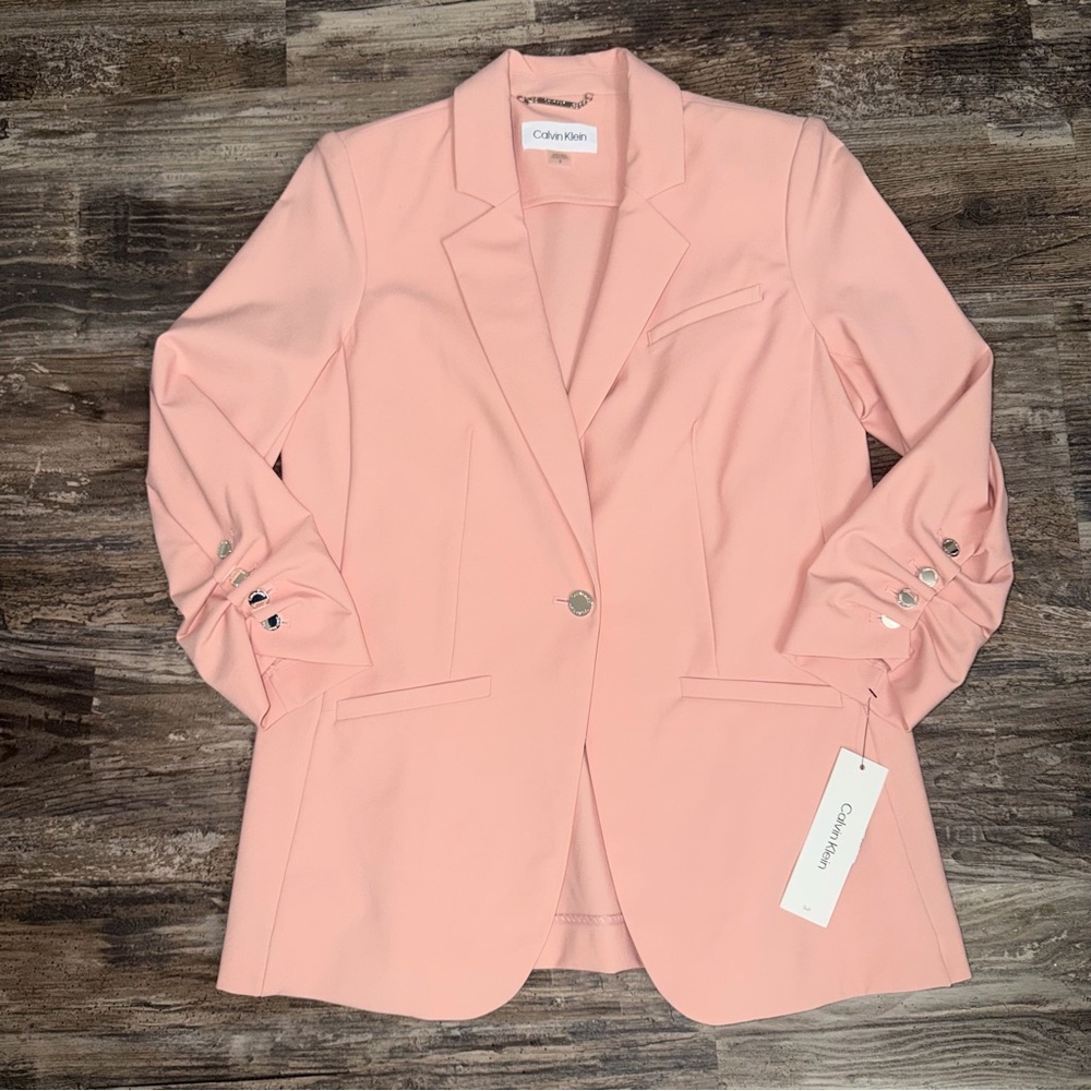 Calvin Klein Women's Blush Pink One Button Ruched-Cuff Stretch Blazer Sz 8